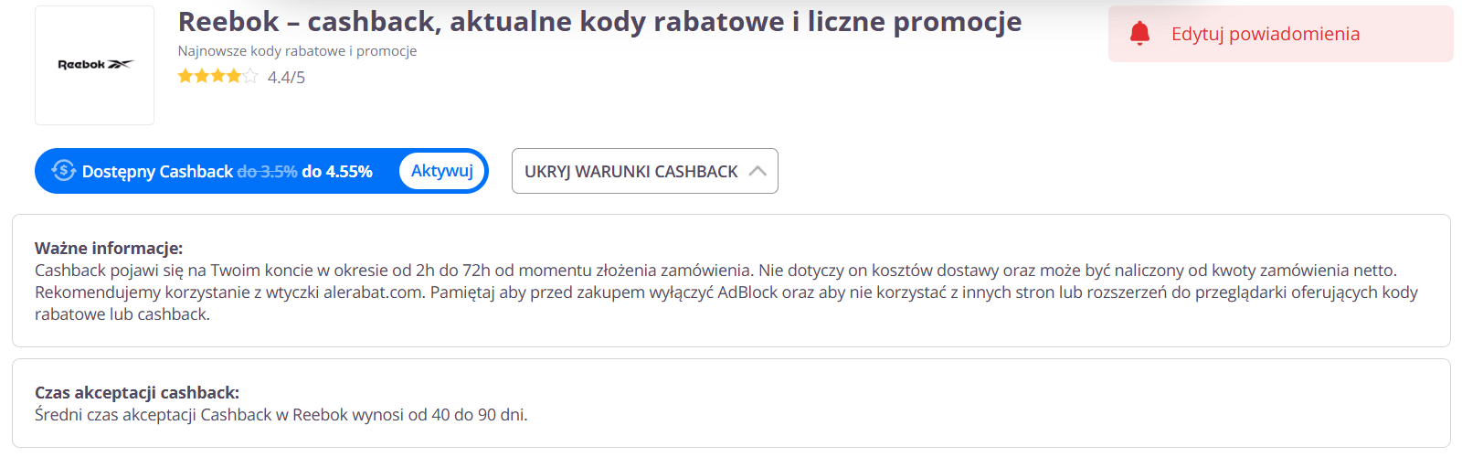 Reebok cashback