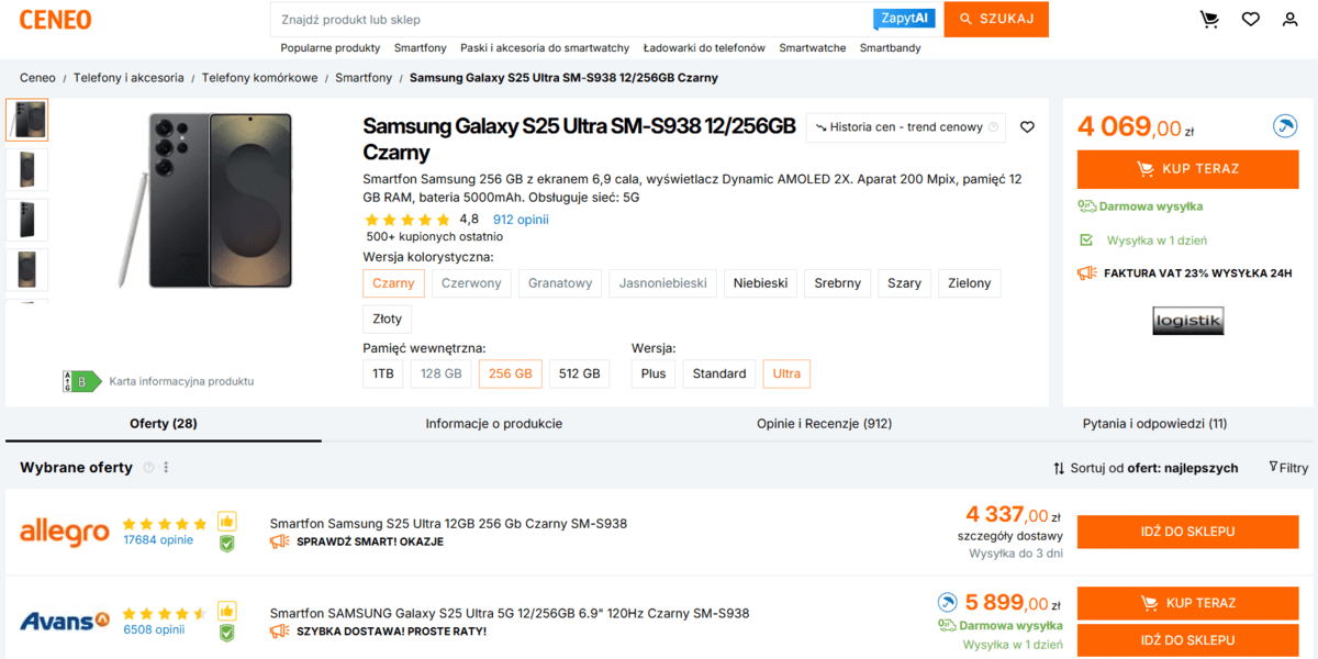Ceneo porównanie ceny Samsung Galaxy S25 ultra
