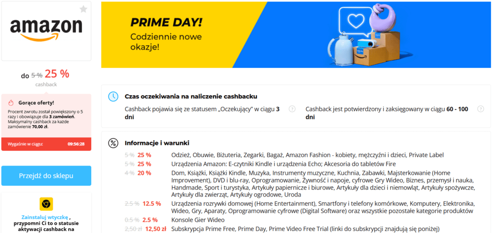 Letyshops podwyższony cashback w Amazon Prime